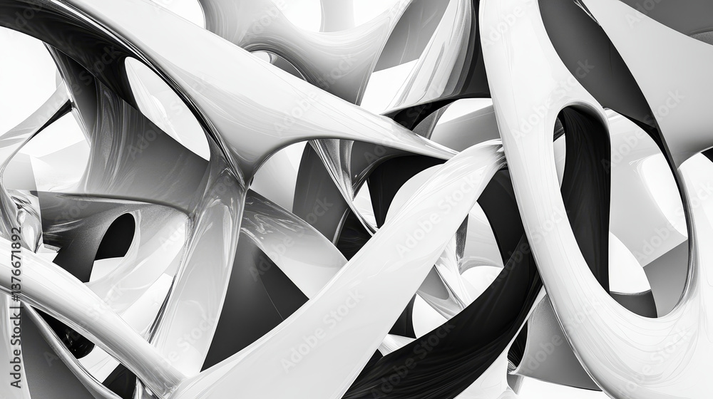 Aufkleber fantastic black and white 3d illustration. interlacing and whirling of abstract forms. network and w
