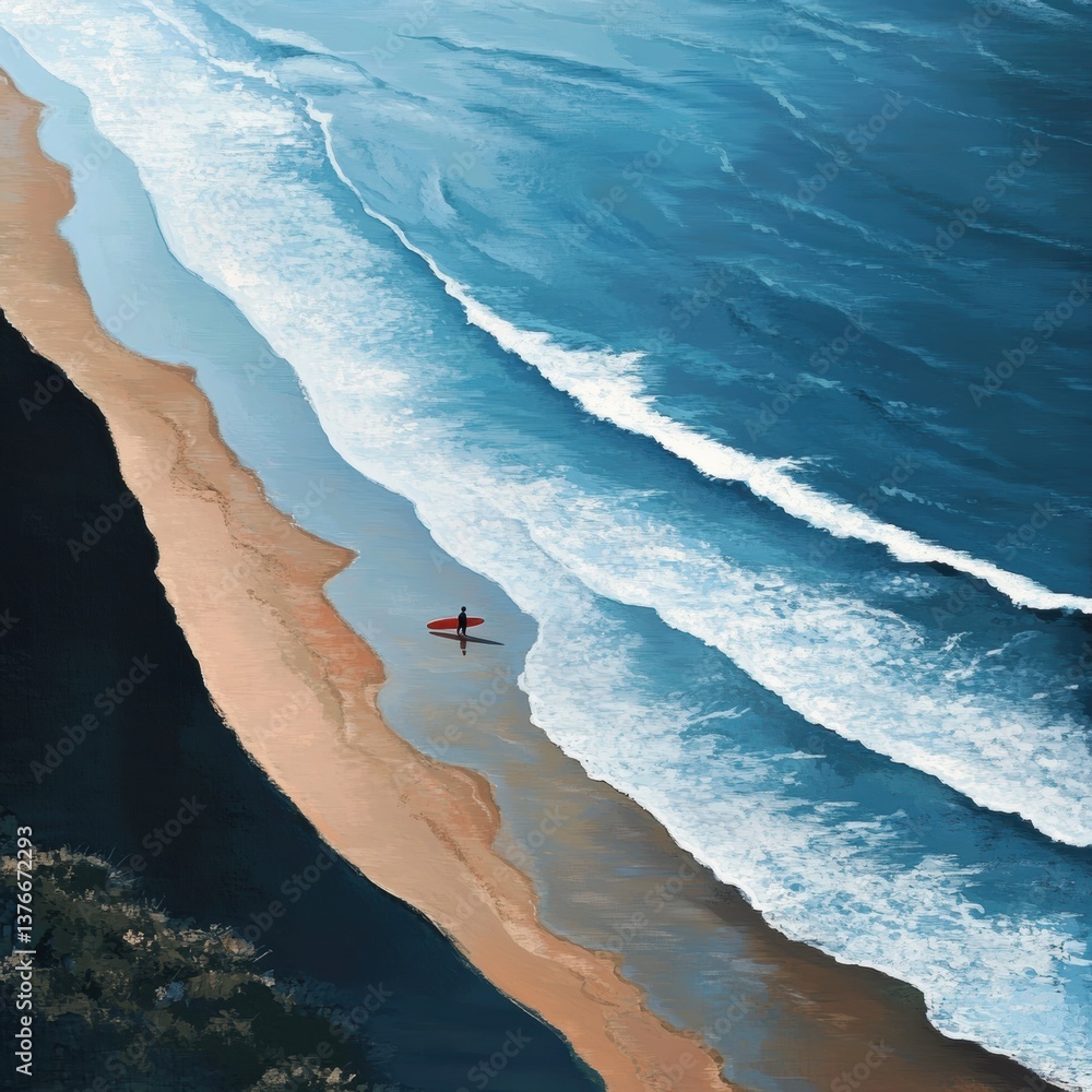 Poster lone surfer gliding on peaceful ocean waves at a tranquil beach from a high vantage point generative
