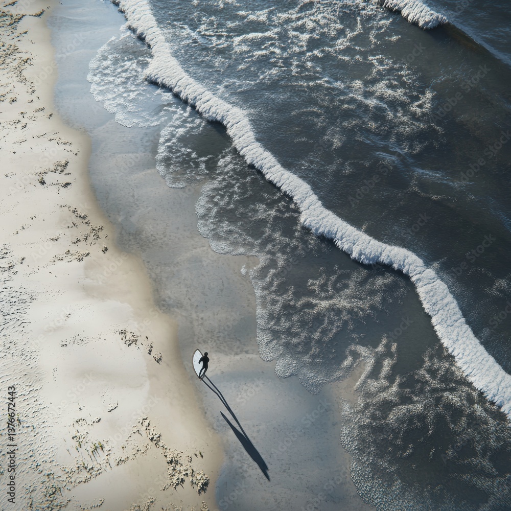 Poster lone surfer riding serene waves on a tranquil beach from a high vantage point at sunset generative a