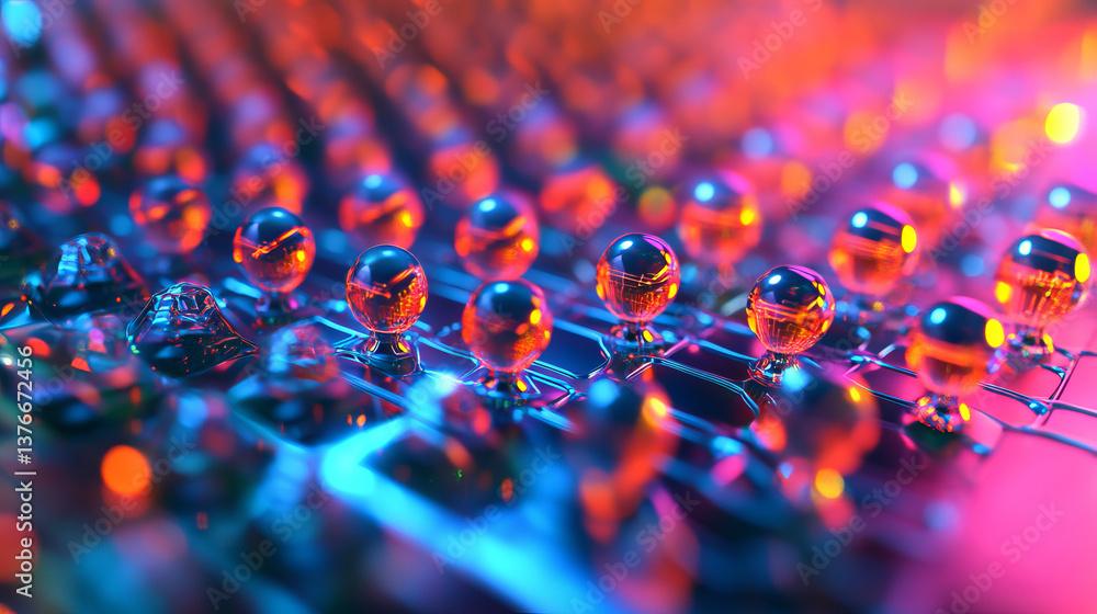 Poster neural network and high-speed internet. neon impulse for nano projects. 3d illustration of nanotechn