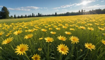 Fototapeta premium A vibrant, sun-drenched field of yellow daisies under a clear blue sky. The daisies, with their bright yellow petals and dark brown centers