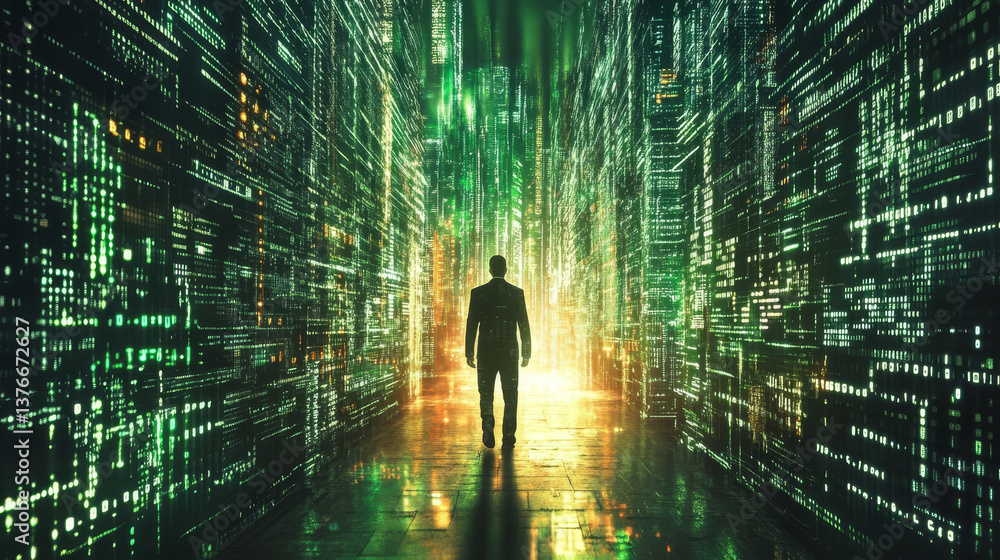 Poster complexity of information flows. weaving encoded data. binary code, optical cable 3d illustration. h