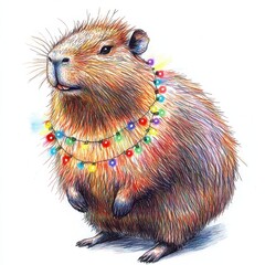 Capybara Christmas Lights Pencil Drawing - Festive capybara adorned with colorful lights, symbolizing joy, warmth, celebration, cuteness, and the holiday season