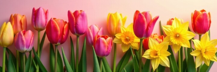 Naklejka premium Colorful tulips and daffodils in a vibrant arrangement, colorful, beauty