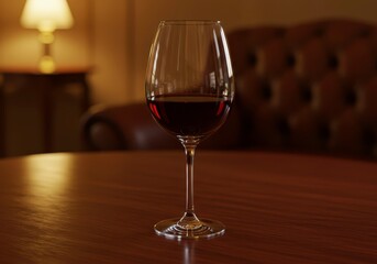 Glass of dark red wine on polished wooden table in cozy ambience for wine tasting event, evening celebration, holiday, relaxing moment and special occasion
