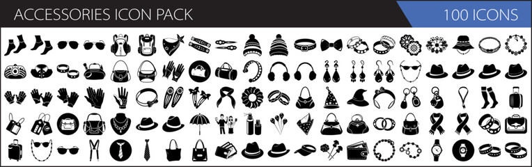 One Hundred Black and White Accessories Icons Pack for Fashion Design
