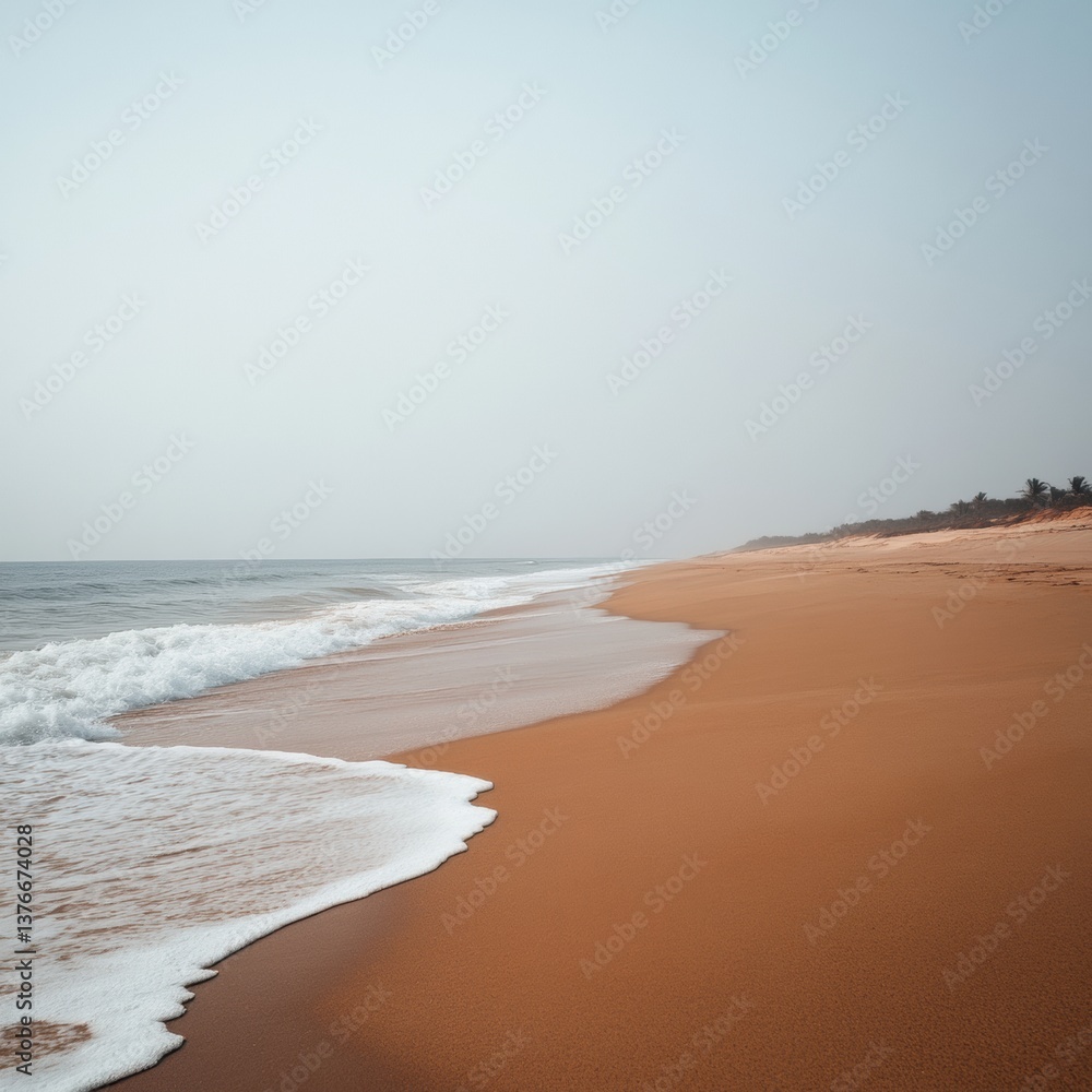 Poster beautiful view of the sandy beach at anho, togo where waves gently touch the shore captured in soft 