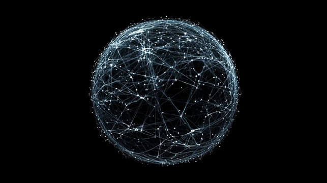 Abstract background with chaotic lines connecting dots of sphere on dark. Analytics algorithms data. Big data. Quantum cryptography concept. Banner for business, science and technology. 