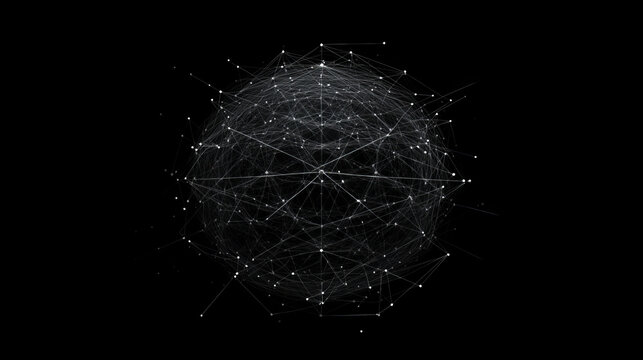 Abstract background with chaotic lines connecting dots of sphere on dark. Analytics algorithms data. Big data. Quantum cryptography concept. Banner for business, science and technology. 
