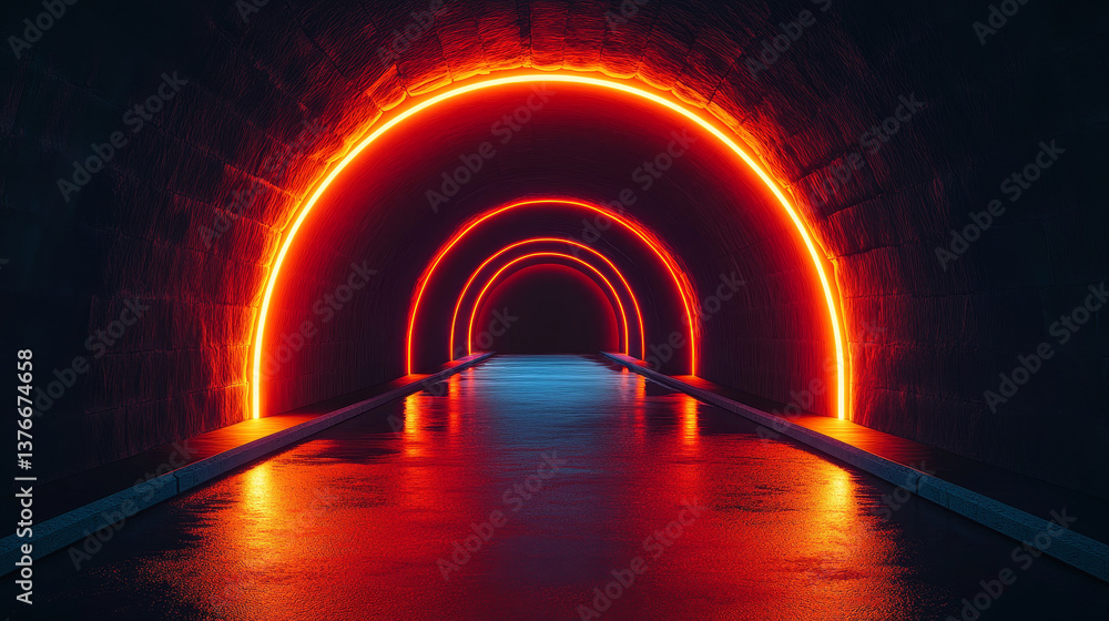 Poster empty stage in the dark technology tunnel, 3d rendering. digital drawing.