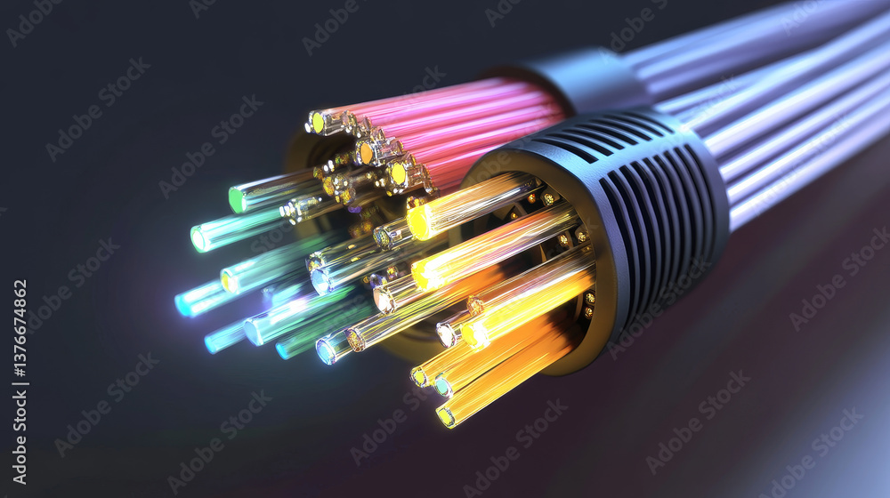Poster bright signals transmit data quickly. bundles of abstract fiber optic wires in neon light. technolog