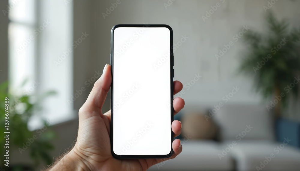 Aufkleber Hand holds modern smartphone with blank screen. Phone mockup in hand. Open screen for app display or marketing. White empty display, copy space. Tech communication concept.