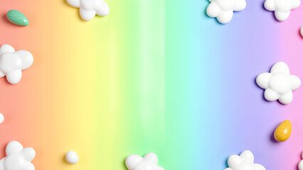 Ein heller und fröhlicher Hintergrund mit einem Regenbogenverlauf mit flauschigen weißen Wolken und schwebenden Ostereiern. KI Generated 