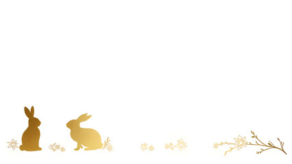 Ein minimalistischer weißer Hintergrund mit eleganten Osterhasen-Silhouetten aus Goldfolie und dezenter floraler Linienkunst. Ostern. KI Generated