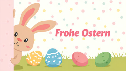 Ein süßer Osterhase im Cartoon-Stil, der aus der Ecke lugt, mit einem Hintergrund aus Tupfen und verstreuten bemalten Eiern. In der Mitte der Text: Frohe Ostern. KI Generated 