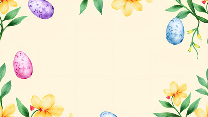 Ein nahtloses Muster aus handgemalten Aquarell-Ostereiern und Frühlingsblumen auf einem weichen cremefarbenen Hintergrund. KI Generated