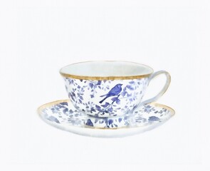 White tea cup with blue floral pattern with saucer on white background watercolor illustration