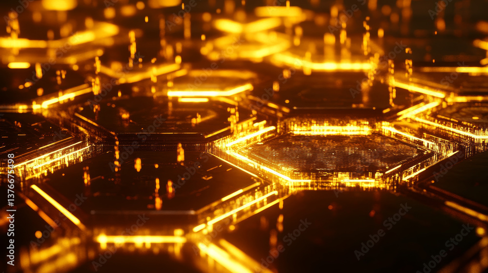 Poster futuristic background consisting of flaming hexagons arranged on a plane. conceptual 3d illustration