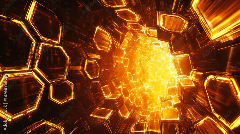 Poster futuristic background consisting of flaming hexagons arranged on a plane. conceptual 3d illustration