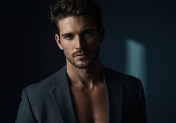 Fototapeta premium Portrait of a confident man in a blazer against a dark backdrop with dramatic lighting
