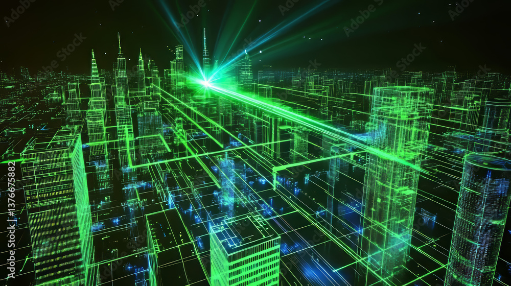 Poster fantastic technologies of future megalopolis. quantum computer. transmission of global data across c