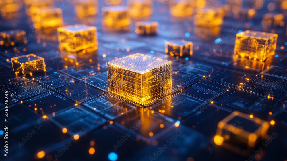 Poster blockchain technology. information blocks in cyberspace. decentralized network. 3d illustration on a