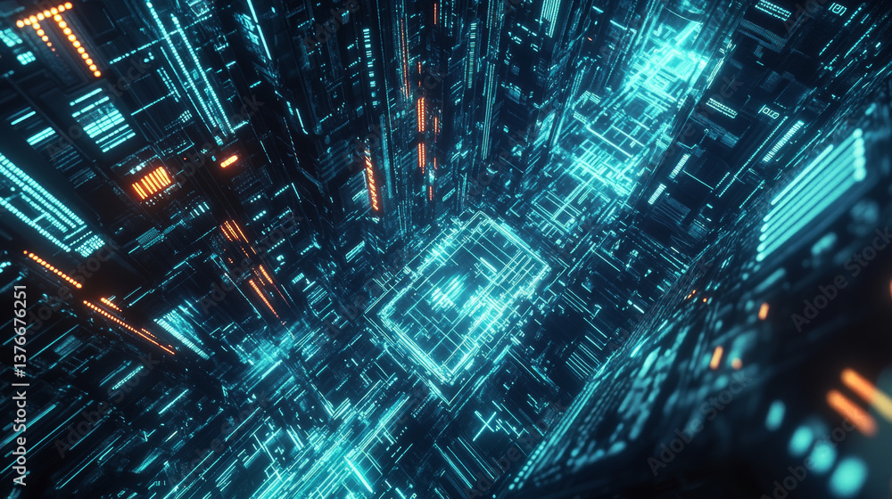 Poster processor of the future. concept of global cyberspace. innovations in computer nanotechnology. 3d il