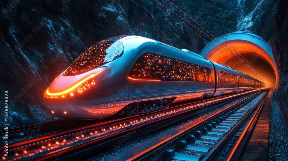 Poster a sleek smart train emerges from a tunnel, illuminated by artificial lights reflecting off its metal
