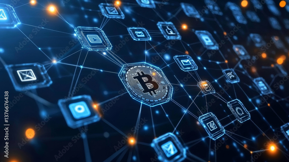 Poster blockchain technology. information blocks in cyberspace. decentralized network. 3d illustration on a