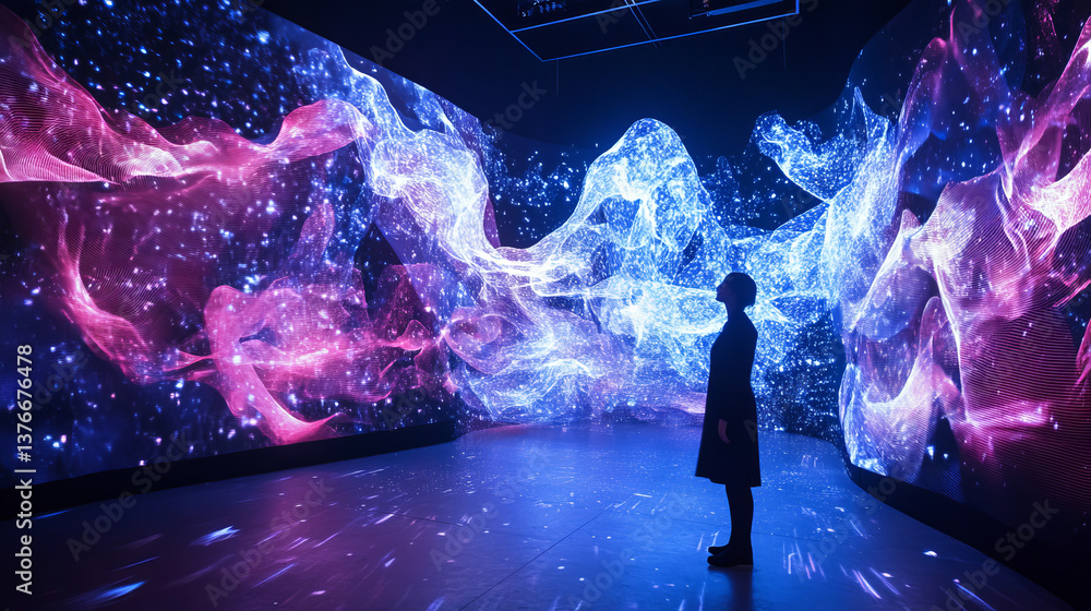 Poster cyber cave, stage for performance, stage in digital space. information blocks in abstract architectu