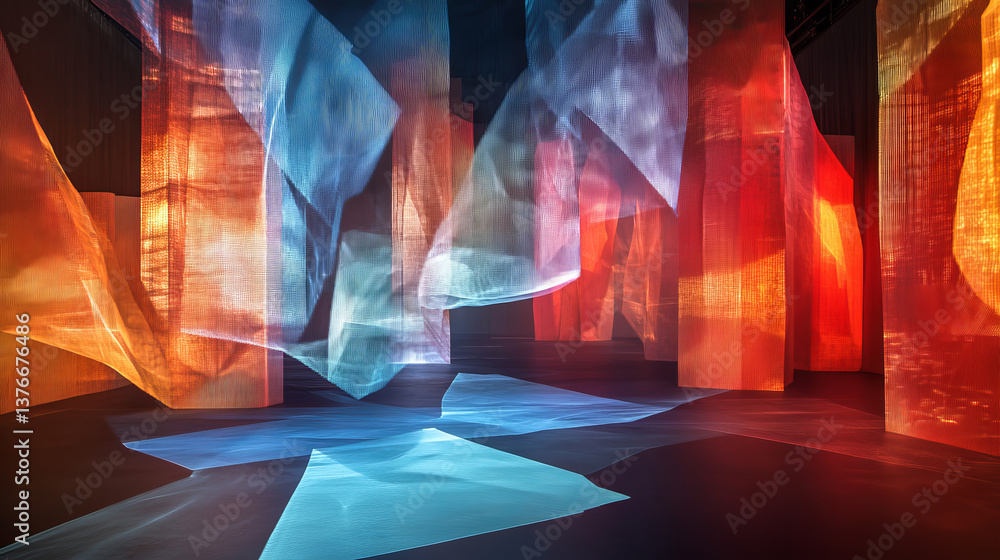 Poster cyber cave, stage for performance, stage in digital space. information blocks in abstract architectu