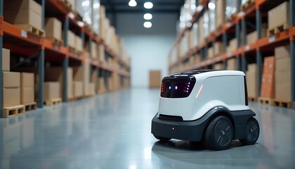 Obraz premium delivery robots with sensors parked in modern spacious warehouse with goods in shelves for shipment ecommerce delivery robots created with generative ai.