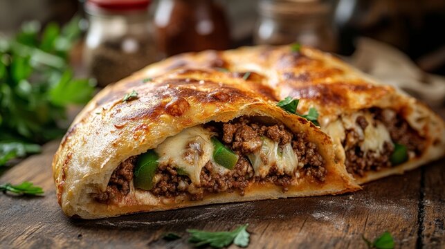 Cheesy beef and pepper stuffed calzone with herbs on rustic wooden table
