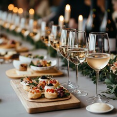 Elegant dining setup with fine appetizers, wine, and candlelight at a festive gathering