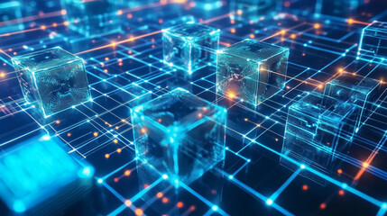 Fototapeta premium Cyberspace of digital technologies. Hypercube and blockchain concept. Spatial portal of encoded data. 3D illustration of a cubic array in a nano tech cyber tunnel