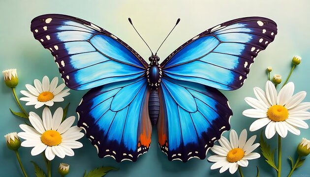 colorful blue tropical morpho butterfly on delicate daisy flowers painted with oil paint wallpaper for background images banner created with generative ai