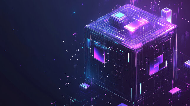 Cyberspace of digital technologies. Hypercube and blockchain concept. Spatial portal of encoded data. 3D illustration of a cubic array in a nano tech cyber tunnel