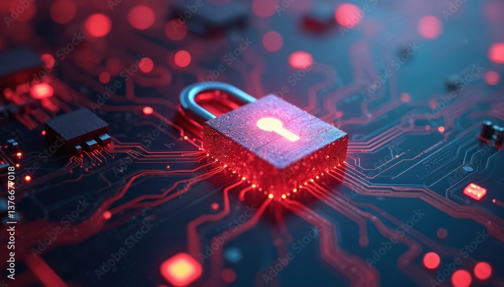 Aufkleber cybersecurity concept featuring digital padlock on circuit board. red glowing lines, minimalist tech