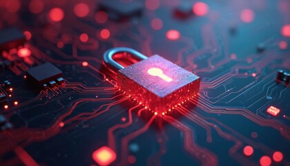 Cybersecurity concept featuring digital padlock on circuit board. Red glowing lines, minimalist tech design. Data protection, online safety, network security, internet privacy. Secure access.