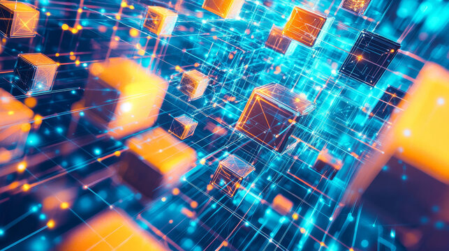 Cyberspace of digital technologies. Hypercube and blockchain concept. Spatial portal of encoded data. 3D illustration of a cubic array in a nano tech cyber space
