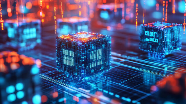 Cyberspace of digital technologies. Hypercube and blockchain concept. Spatial portal of encoded data. 3D illustration of a cubic array in a nano tech cyber space