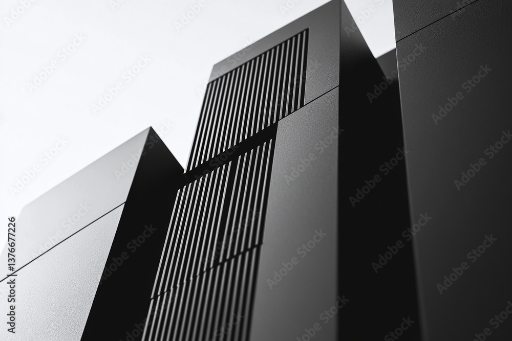Poster an abstract black and white architectural facade with clean lines and geometric shapes. the composit