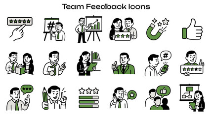 Simple Icon Set Related to Teamwork and Feedback. Contains icons: thumbs up, presentation, magnet, pencil