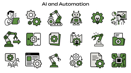 Simple Icon Set Related to Automation and AI. Contains icons: Robot, Gear, Lightbulb, Factory