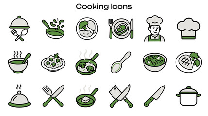 Simple Icon Set Related to Cooking and Cuisine. Contains Icons: Chef Hat, Frying Pan, Broccoli Dish, Dinner Plate