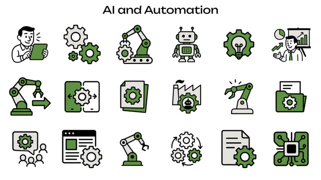 Simple Icon Set Related to Automation and AI. Contains icons: Robot, Gear, Lightbulb, Factory
