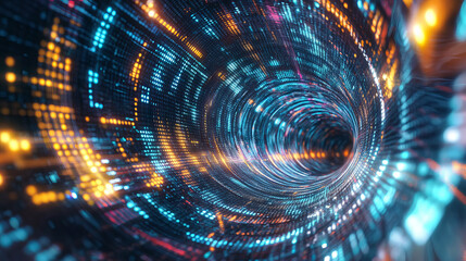 Obraz premium Cyber portal of streaming data. High-speed Internet and high-tech business. 3D illustration of a big data vortex field. Neon tunnel of time funnel