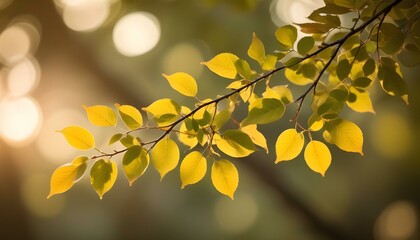 Obraz premium Close-up shot of a tree branch with leaves, bathed in the warm glow of sunlight, bokeh effect, soft diffused lighting, golden hour