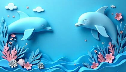 Obraz premium 3d world ocean's day paper art with dolphin and cora , blue background banner , created with generative ai