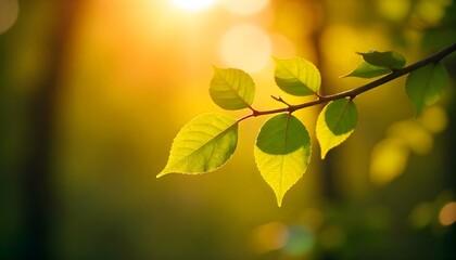 Close-up shot of a tree branch with leaves, bathed in the warm glow of sunlight, bokeh effect, soft diffused lighting, golden hour